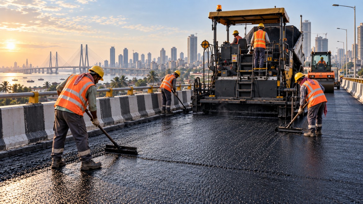 Bituminous mastic surfacing work on a bridge deck