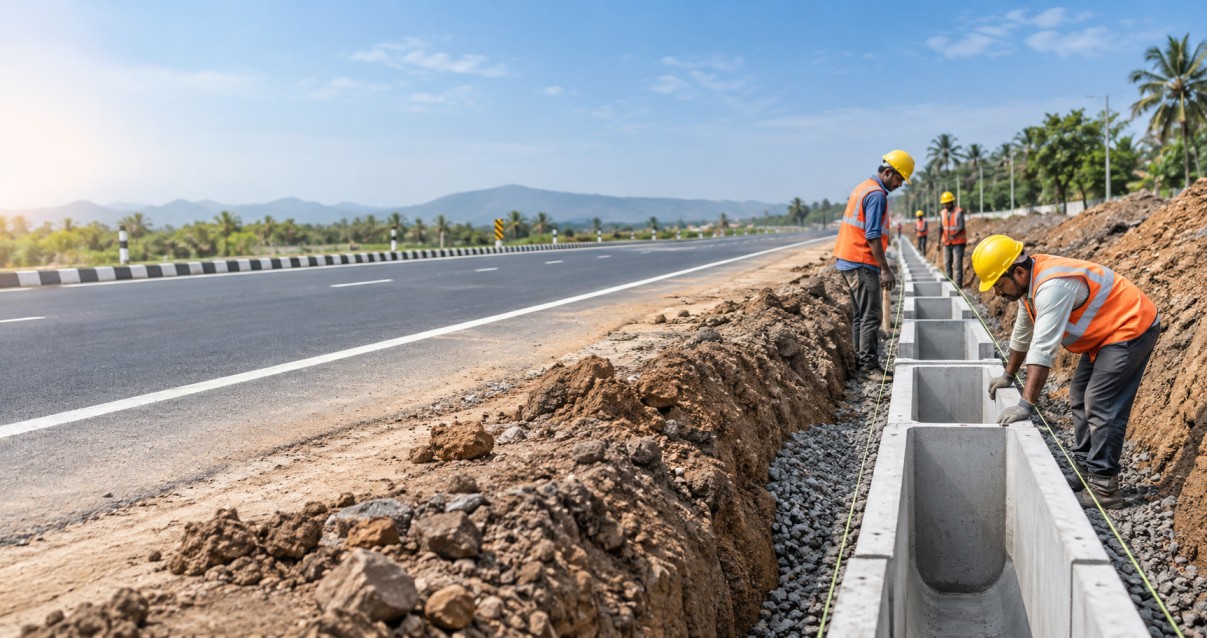 Drainage construction work for road infrastructure