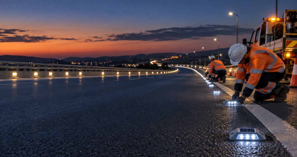 Solar stud installation for night road guidance
