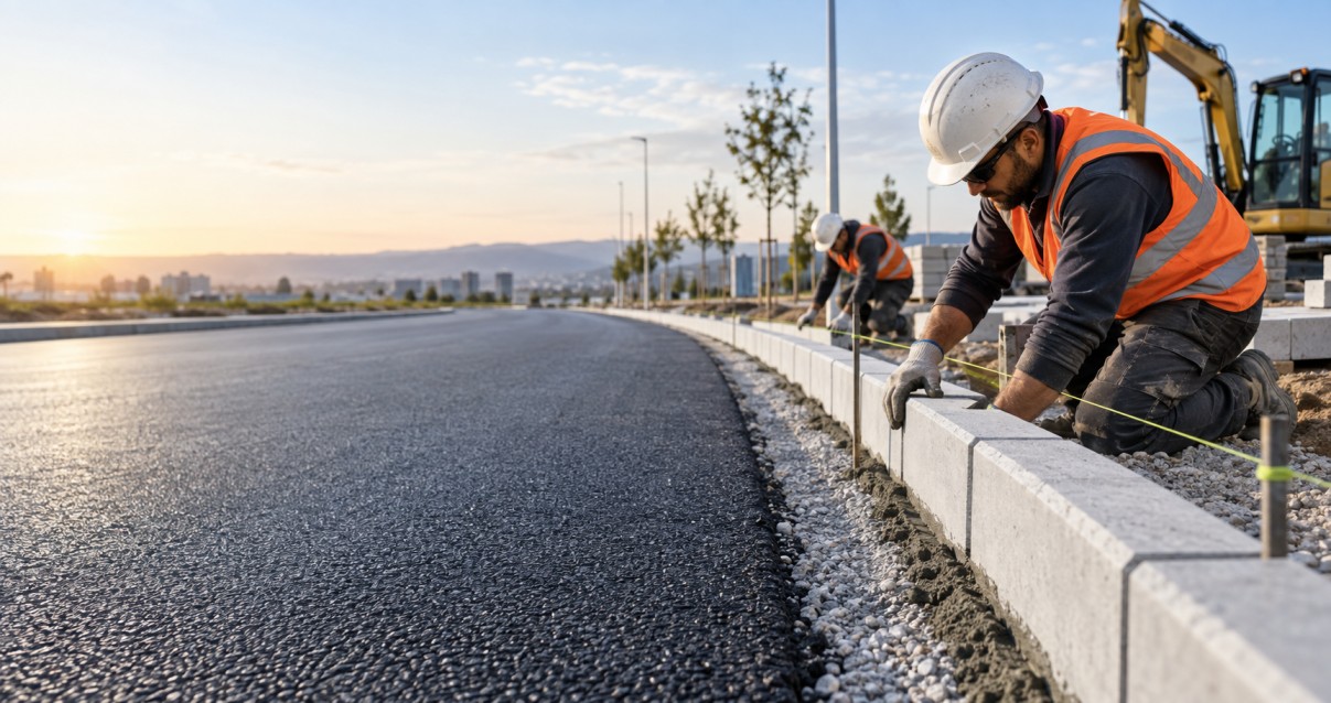 Kerb stone installation along roadway edge