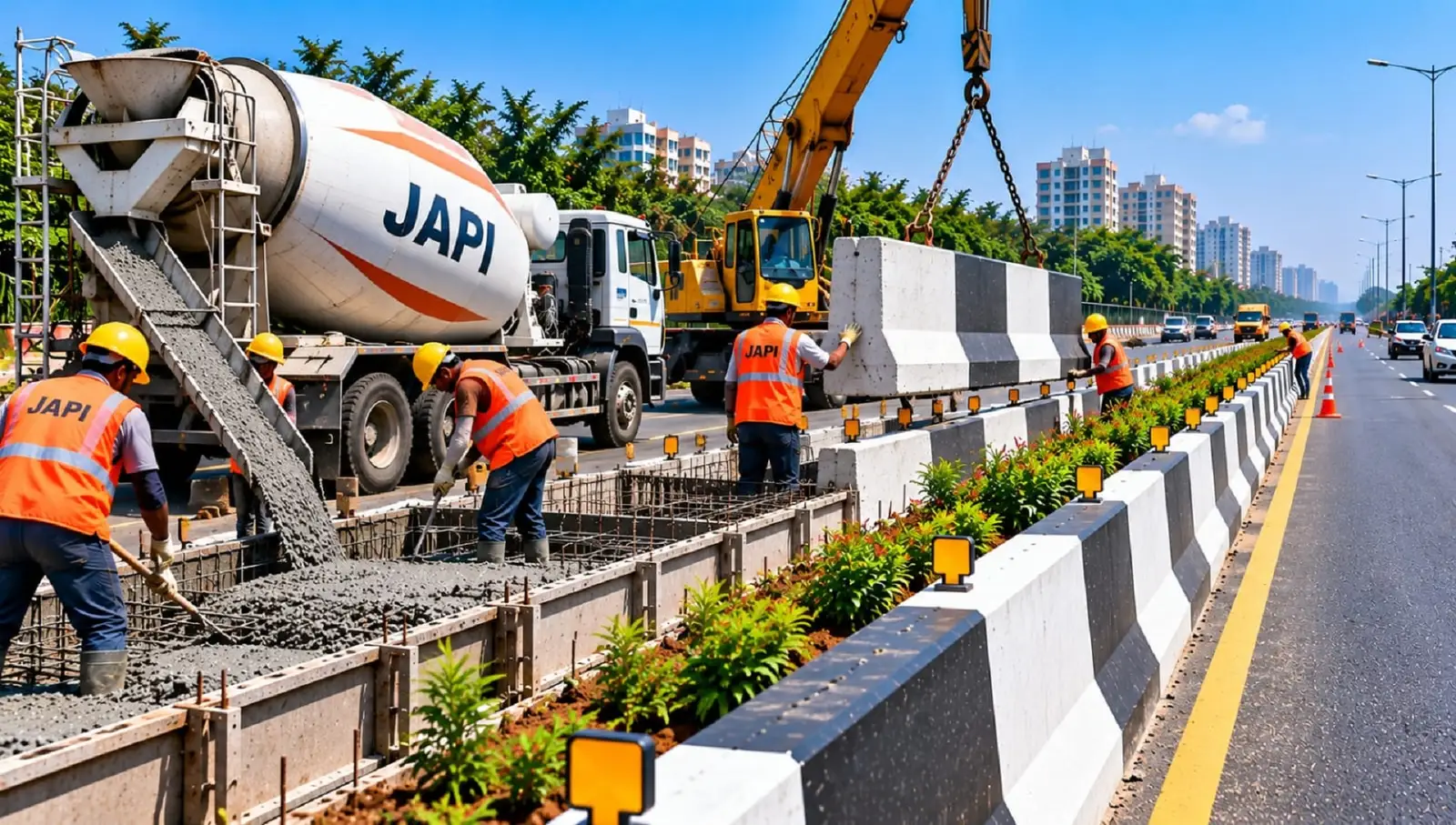 Process illustration: center-divider excavation and base preparation