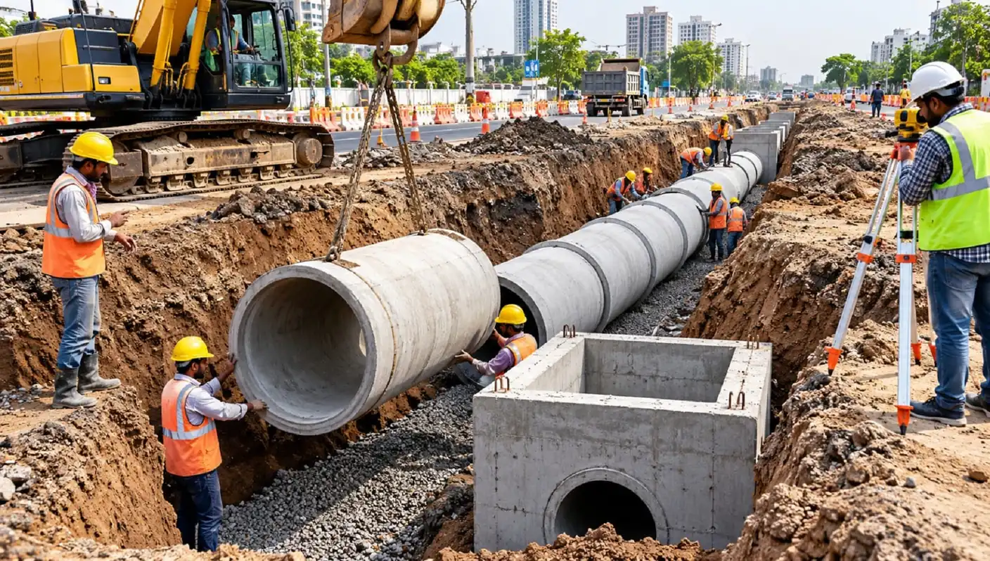 Process illustration: drainage trench and pipe bedding preparation