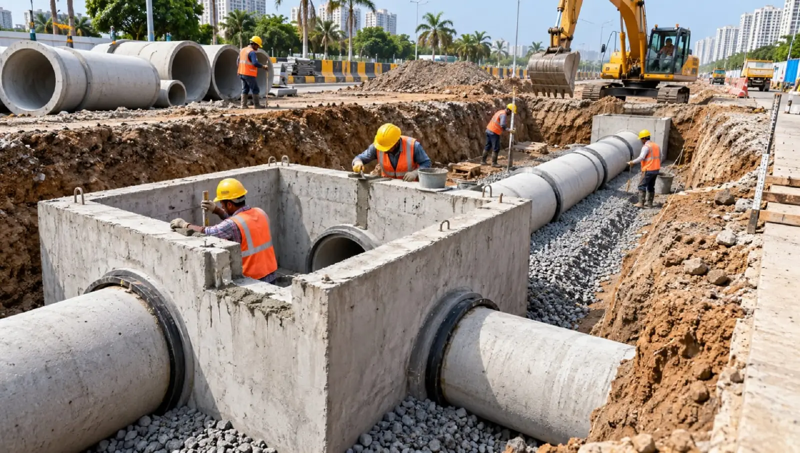 Process illustration: concrete pipe connection to a chamber