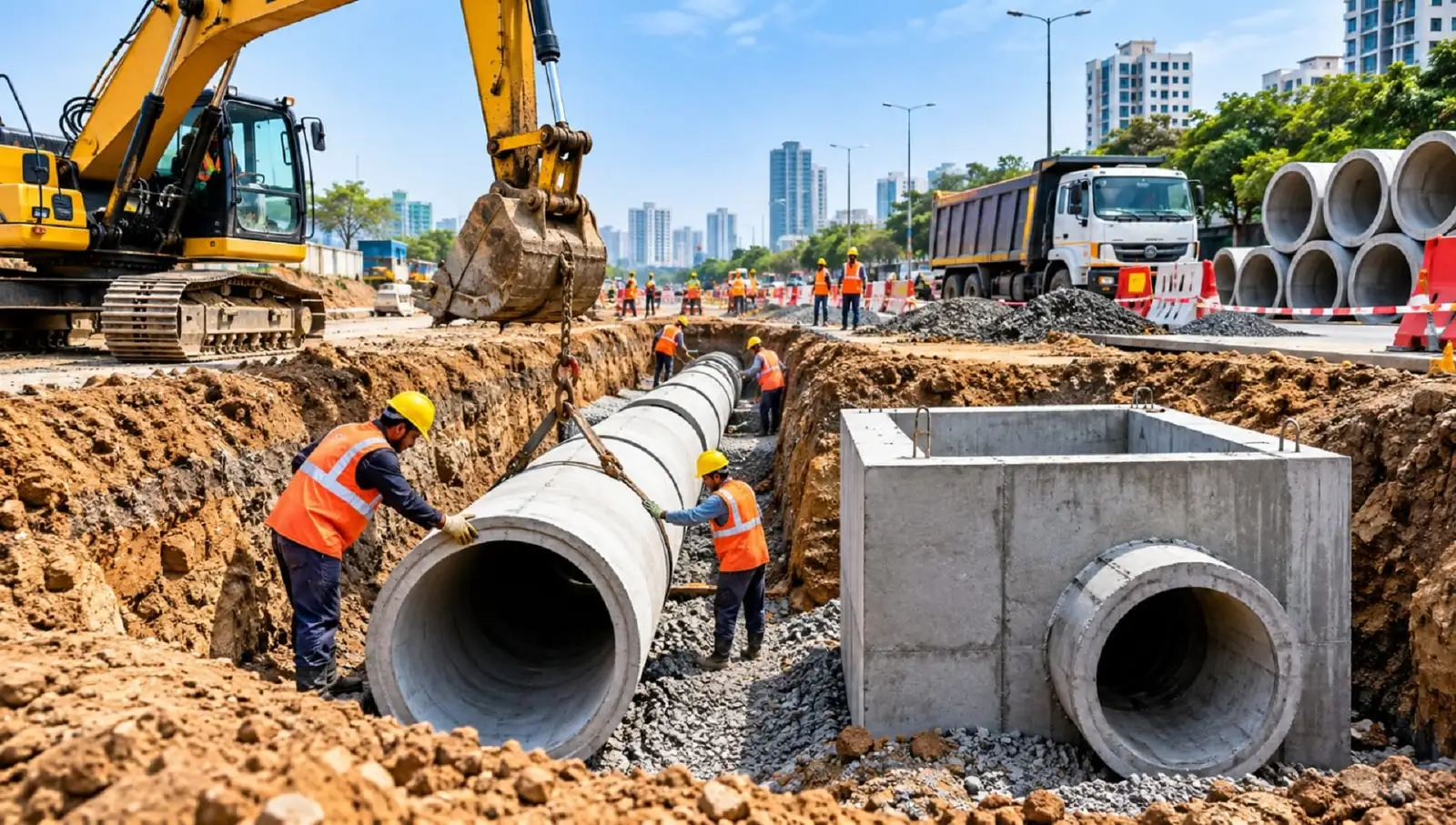 Process illustration: lowering a concrete drainage pipe