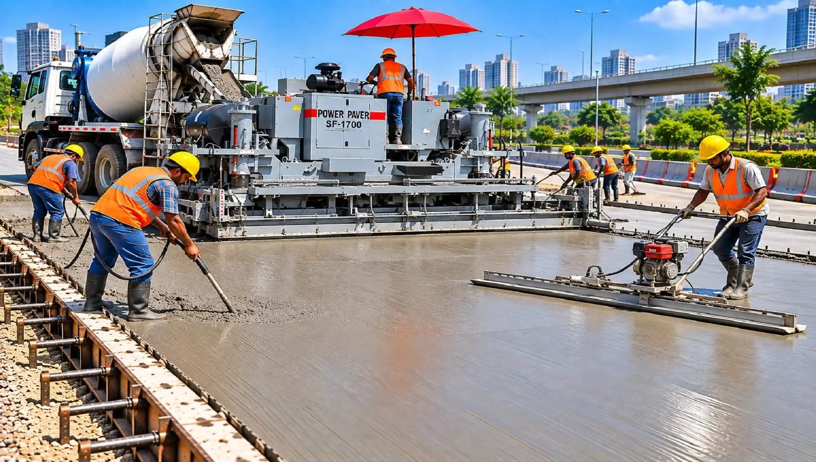 Process illustration: final screeding of a concrete road