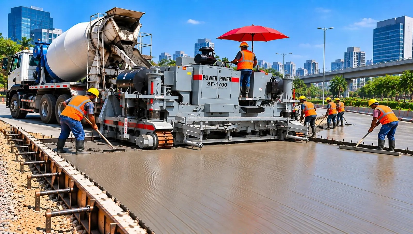 Process illustration: mechanised concrete road paving