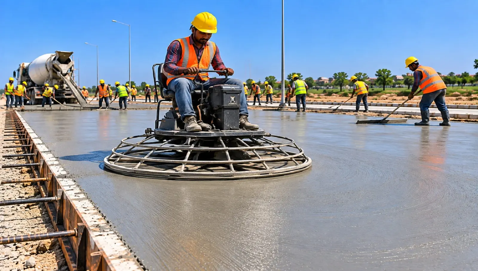 Process illustration: concrete road surface finishing with a power trowel