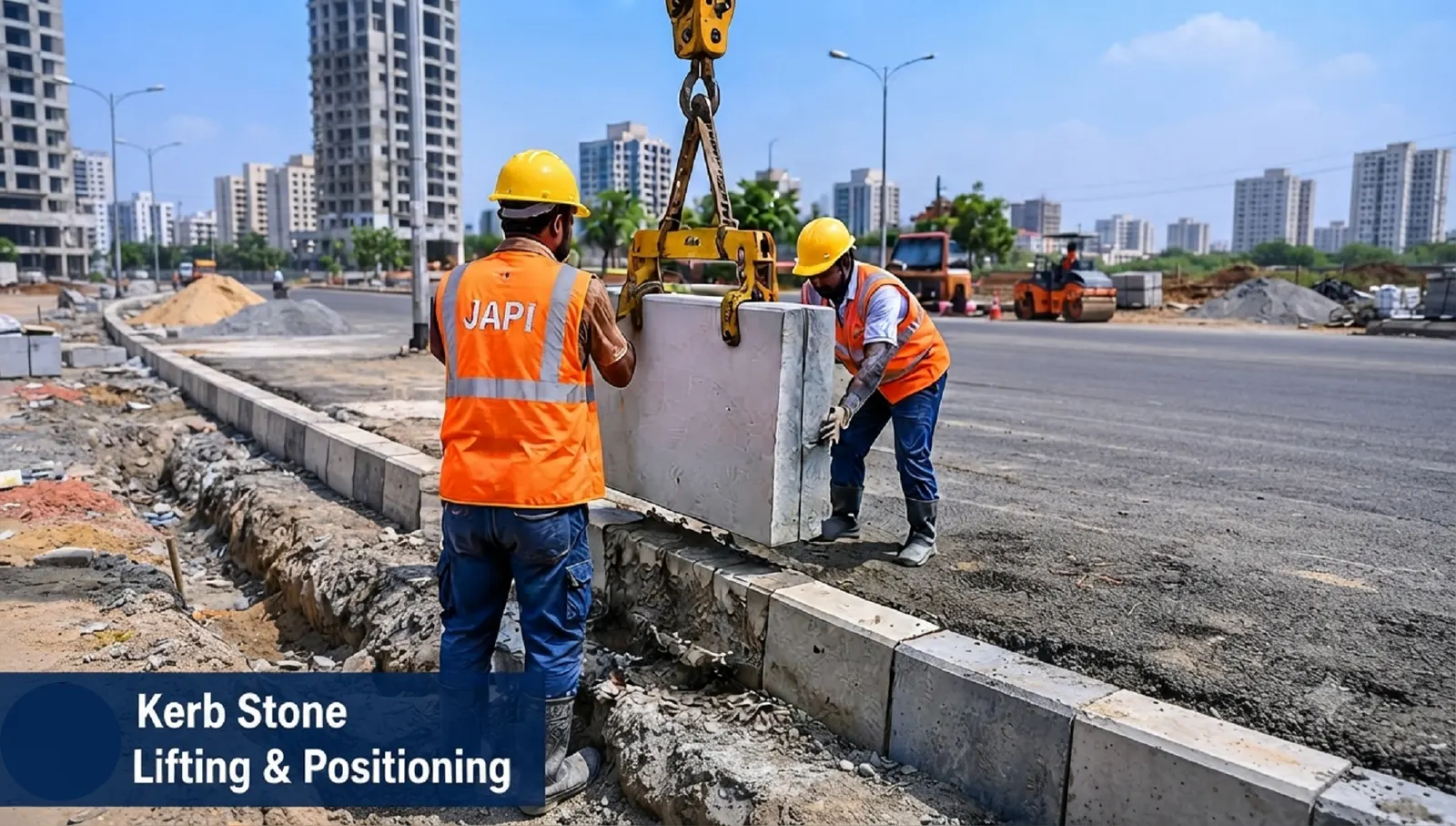 Process illustration: kerb-stone lifting and positioning
