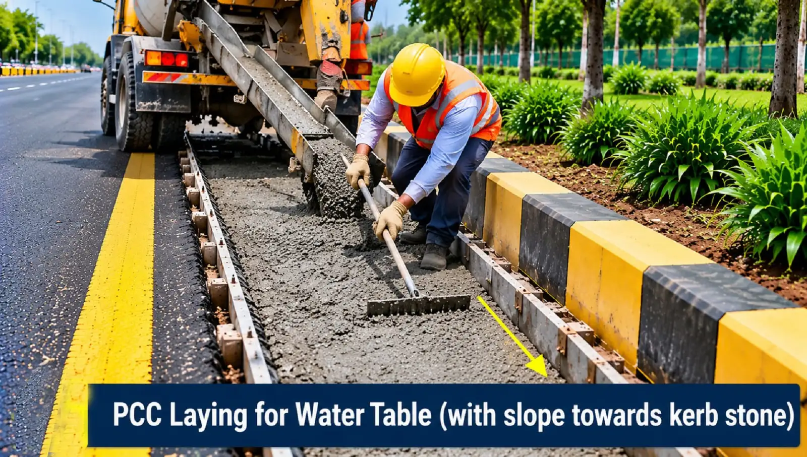 Process illustration: PCC laying for a roadside water table